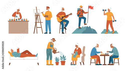 PrintActive senior citizens engaging in various hobbies like painting baking playing guitar hiking reading gardening knitting and chess, vector illustration