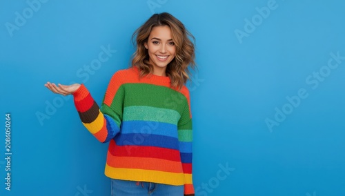 A smiling young mixed-race woman in a vibrant striped sweater poses against a bright blue background, showcasing joy and a relaxed style ideal for marketing.