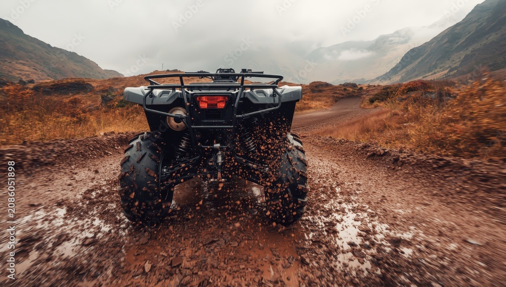 Naklejka premium Low-angle shot of a 4x4 ATV on a gravel road in autumn at a misty mountain. Off-road vehicle adventure concept. Quad bike hire.