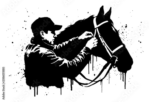 Fotografi Man preparing horse with bridle in high contrast stencil ink splash style