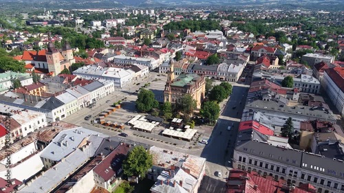 Aerial view of Town Hall and Main Square in Nowy Sacz city, Poland