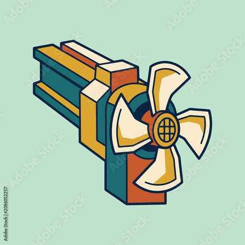 An isometric illustration of a mechanical fan with colorful parts