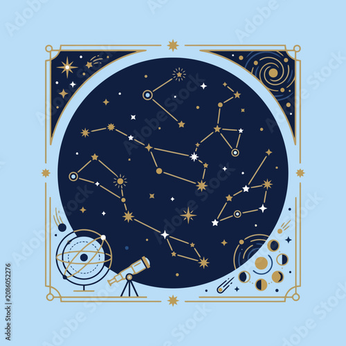 A decorative illustration featuring constellations and space equipment