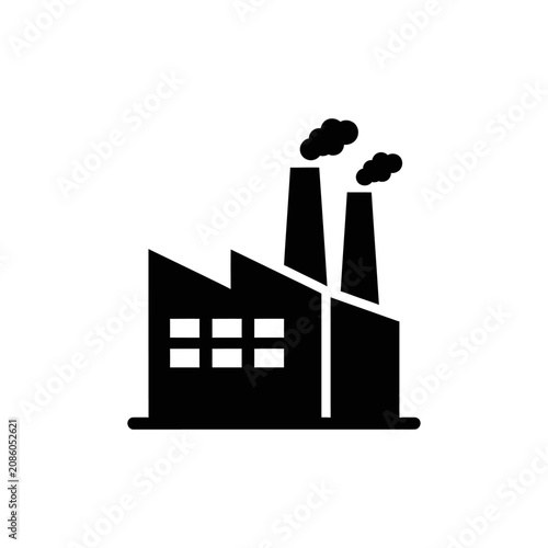 Black factory icon with smoke coming from chimneys isolated on white background