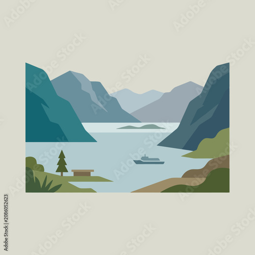 A flat vector illustration of a boat in a mountain fjord