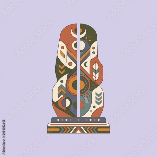A decorative totem sculpture featuring geometric patterns and shapes