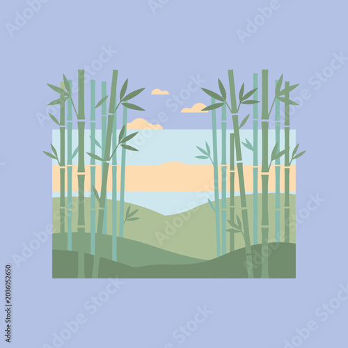 A serene bamboo forest landscape at sunset