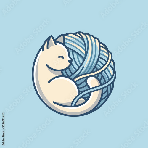 A cute white cat curled around a blue ball of yarn