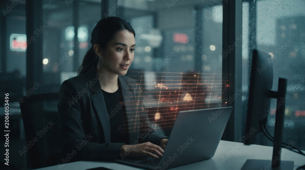 Fototapeta premium A professional candidate during an automated online interview, viewed through a cold corporate lens. A minimalist glowing amber and red vector scanning plane intersects the air in front of them