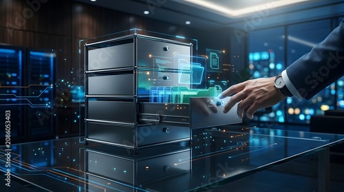 Corporate professional hand opening a modern dark filing cabinet with glowing digital folders and holographic documents hovering inside