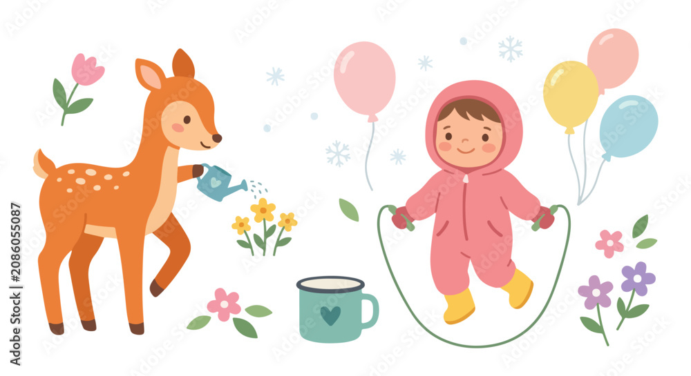 Naklejka premium A cute illustration shows a baby deer watering flowers and a child in a snowsuit jumping rope, surrounded by festive balloons and snowflakes.