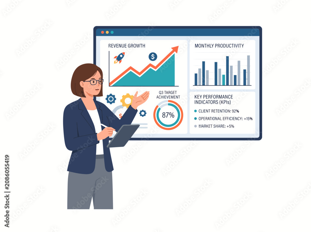 Fototapeta premium Business consultant analyzing KPI dashboard and company performance metrics. Flat design corporate vector illustration for productivity improvement and strategic growth.
