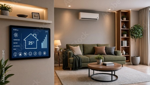 Smart home digital thermostat interface on wall with blurred modern living room background for energy saving concept- 3D rendering