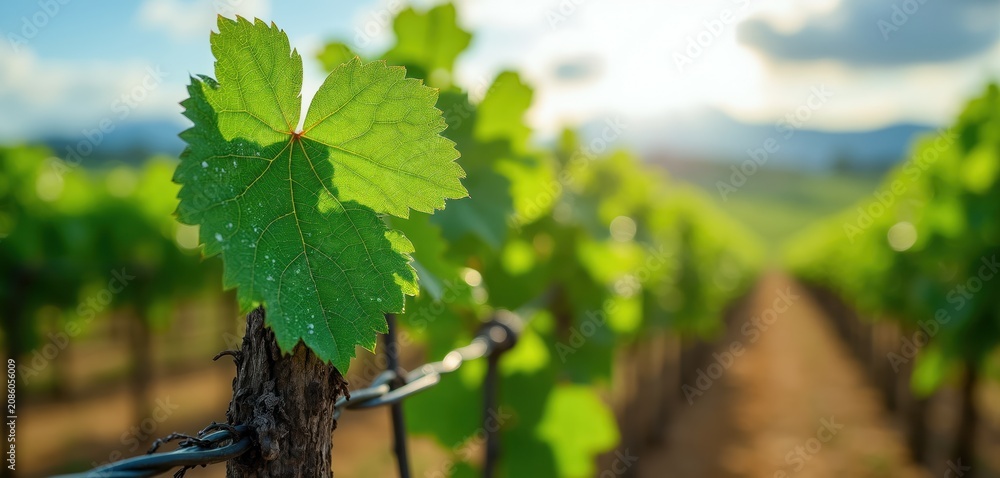 Obraz premium Close up of green grapevine leaf with visible veins on a support wire. Soft focus vineyard rows extend to horizon under bright sunny sky. Freshness and nature theme.