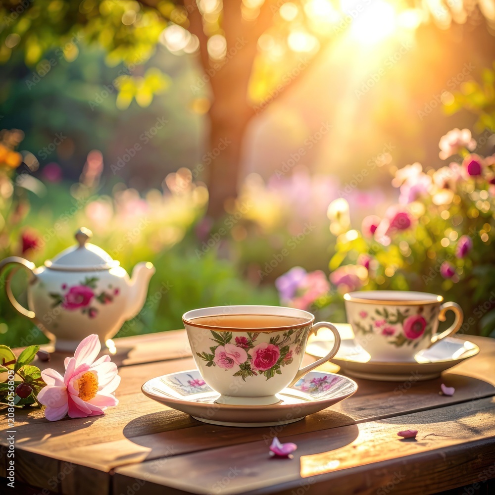 Fototapeta premium A serene garden tea setting bathed in warm, golden sunlight.