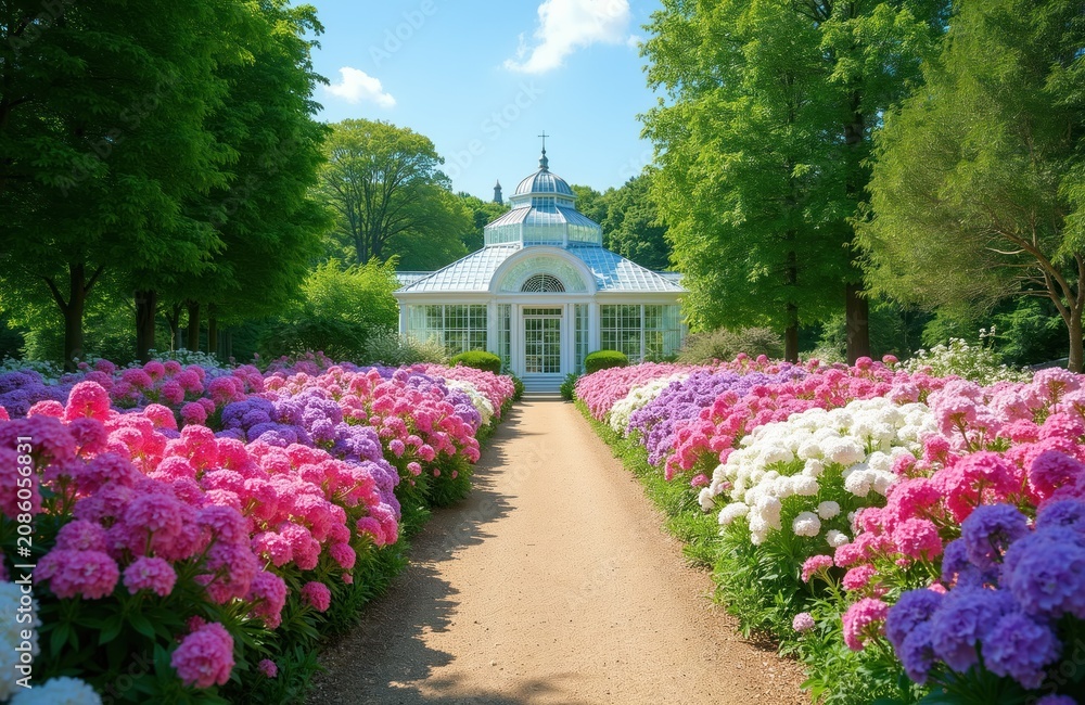 Obraz premium Orangery building with dome roof in green park. Path leads through vibrant pink purple white flower beds. Rich trees form garden background on sunny day.