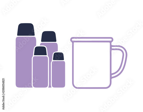 Thermos vector vacuum flask or bottle, perfect for hot drinks like coffee or tea, along with a metal bottle and an aluminum mug, all isolated on a white background.