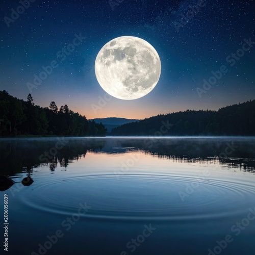 A large, luminous full moon hangs in the starry night sky above a serene lake, casting its reflection onto the calm water with gentle ripples.
