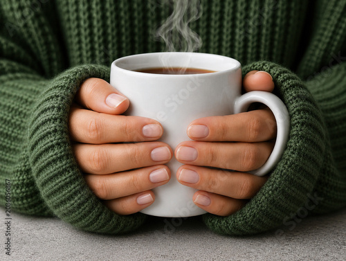 Close-up of a woman holding a steaming cup of coffee with both hands, wearing a cozy knitted sweater, natural nails, warm and inviting atmosphere, comforting hot drink, autumn-winter lifestyle concept