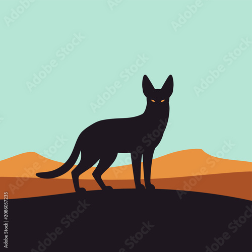 Silhouette Black Cat Standing on Dune, Desert Landscape, Orange Sky