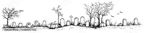Фотография Halloween cemetery landscape with numerous tombstones dead trees and pumpkins in