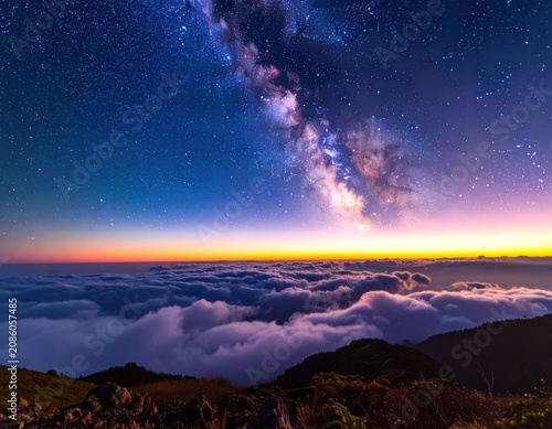 The Milky Way galaxy stretches across a starry twilight sky above a sea of clouds and silhouetted mountains.