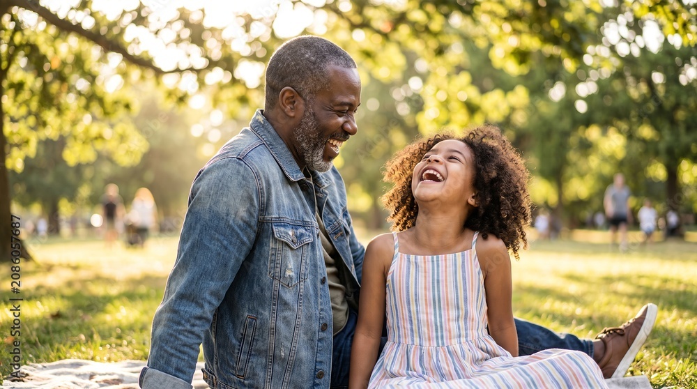 Fototapeta premium Grandfather and Granddaughter Laughing Together in Sunny Park with Warm Light