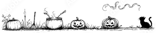 Foto Black cat with halloween pumpkins and boiling witch cauldron in ink sketch style