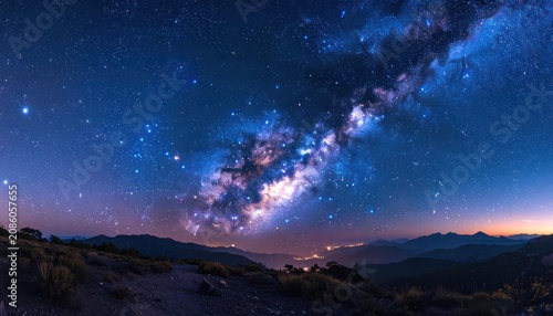 A breathtaking panorama of the Milky Way galaxy arching over silhouetted mountain ranges under a starlit sky.