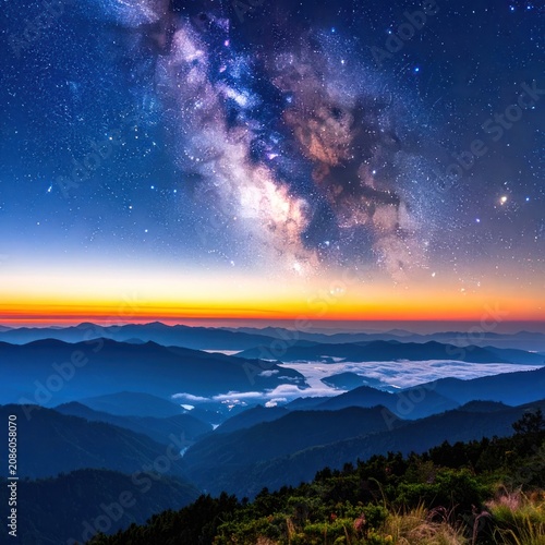 The Milky Way galaxy arches majestically over a serene mountain landscape at dawn, with a layer of clouds nestled in the valleys below.