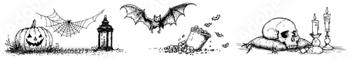 Foto Halloween banner with flying bat skull and carved pumpkin in sketch style