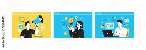 Collection of business concept illustrations showing teamwork and digital marketing strategy