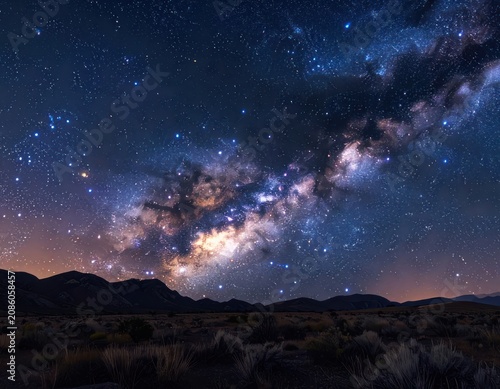 A breathtaking vista of the Milky Way galaxy arches over a silhouetted mountain range at night.