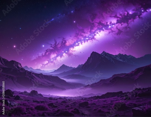 A breathtaking cosmic vista unfolds over a purple, alien landscape, with rugged mountains silhouetted against a vibrant nebula and starry sky.