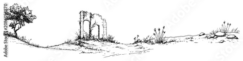 Obraz na plátne Gothic stone ruins and lone tree in spooky landscape in hand drawn ink sketch st