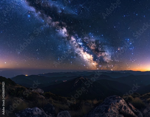 The Milky Way galaxy stretches across a starry night sky above silhouetted mountain ranges.
