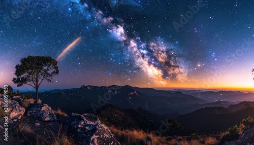 A lone tree stands on a rocky outcrop under a vibrant night sky filled with the Milky Way and a shooting star.