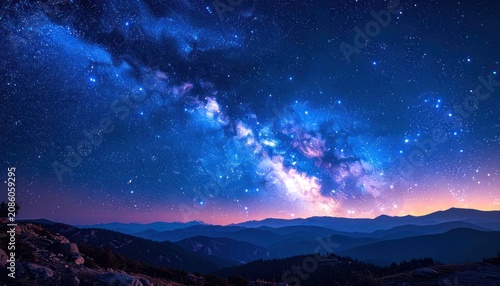 A breathtaking vista unfolds with the Milky Way galaxy arching across a starlit sky above silhouetted mountain ranges and rugged terrain.