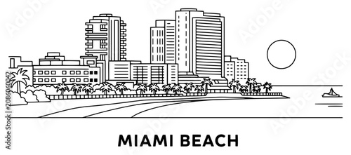 Obraz na plátně Miami Beach skyline with palm trees and oceanfront minimalist line art style