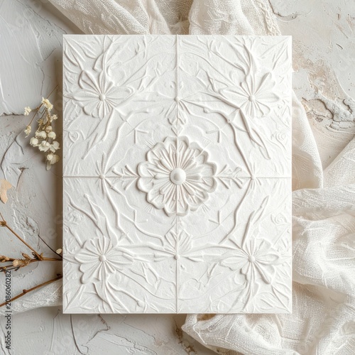 A textured white bas-relief panel featuring intricate floral and leaf motifs.