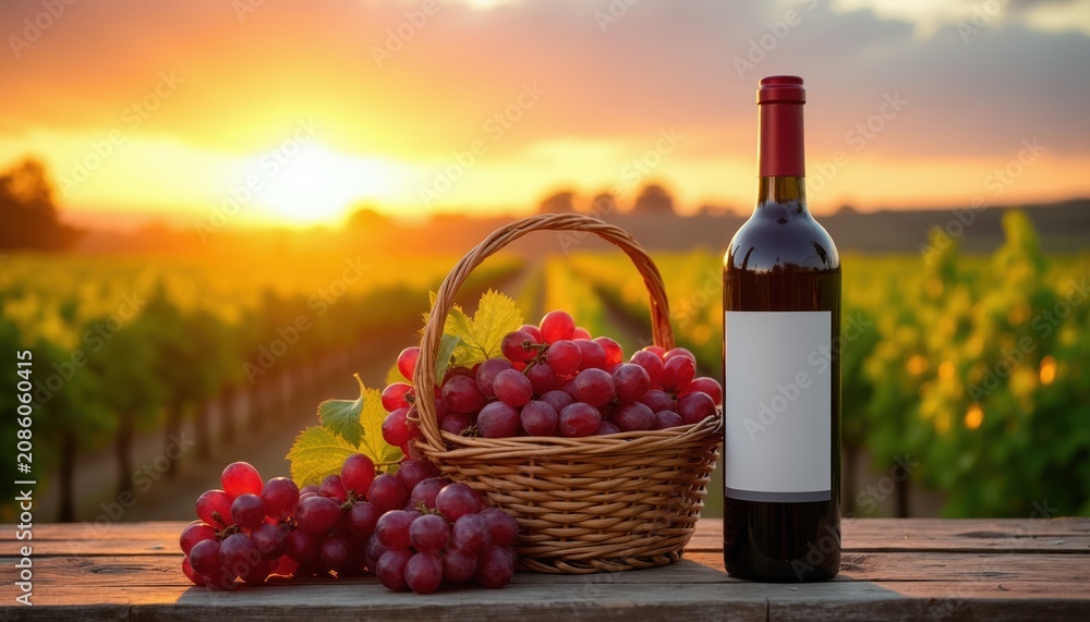 Obraz premium Red grapes in basket and wine bottle sit on wooden table. Vineyard rows stretch toward setting sun. Golden hour light illuminates agriculture scene.