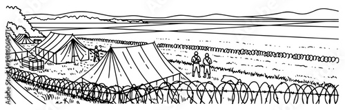 Tableau sur toile Military camp with tents and soldiers behind barbed wire fence line art
