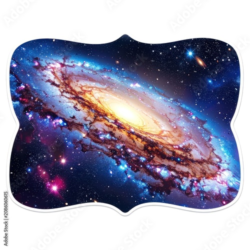 A vibrant spiral galaxy with a bright yellow core illuminates the dark expanse of space, adorned with colorful nebulae and distant stars.