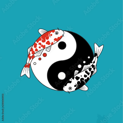 Yin Yang symbol with Koi fish on turquoise background