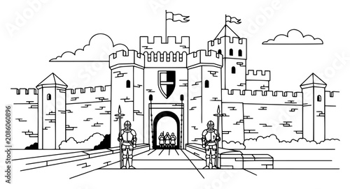 Photos Medieval castle fortress with gatehouse towers and guards minimalist line art