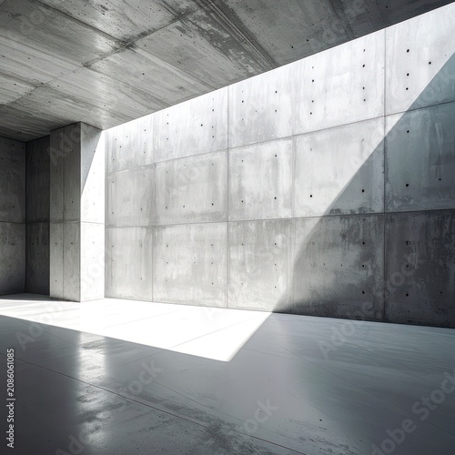 An empty concrete space with sunlight streaming in, creating dramatic shadows.