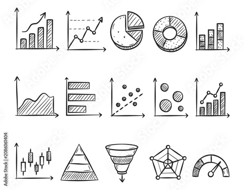 Business Analytics Charts Doodle Icon Set Hand Drawn Data Visualization Dashboard Graph and Statistics Vector Illustration Collection