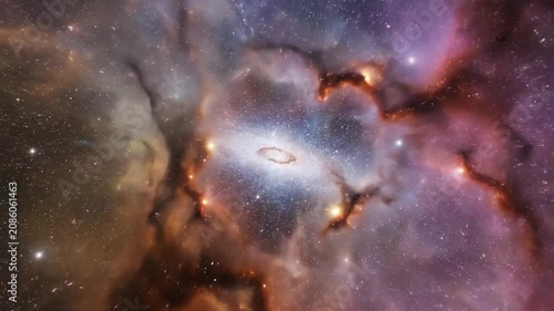 Swirling orange and purple gas clouds in deep space.