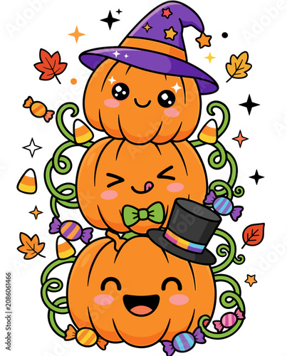 Cute Kawaii Halloween Pumpkin Stack Wearing Hats With Candy Autumn Leaves Vector Illustration on Transparent Background