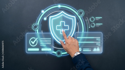 Health insurance officer processing secure digital claim hologram with medical protection system